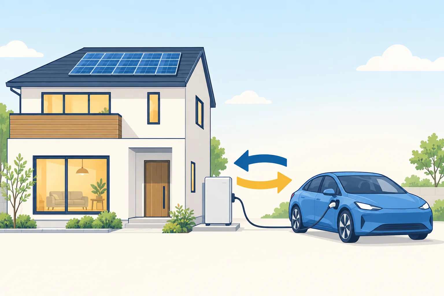 住宅とEVがV2H機器で電気をやり取りする概念図